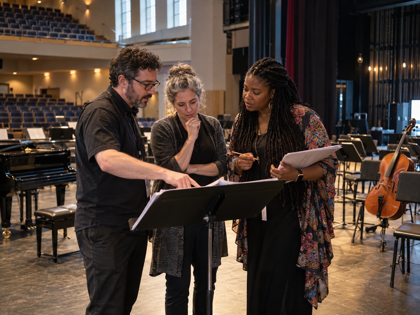 Adult performing-arts educators reviewing plans in a school auditorium