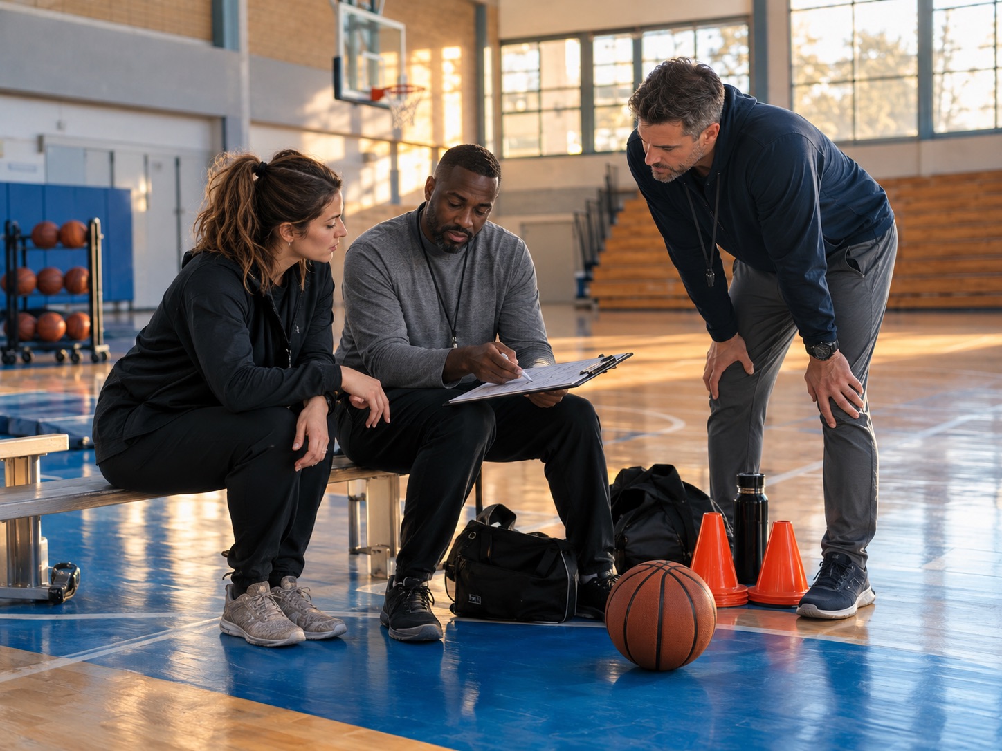 Adult coaches planning a team activity together in a school gym